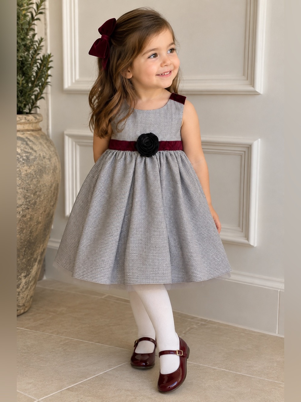 Wendy Bellissimo Gray Dress with Burgundy Satin Trim and Flower